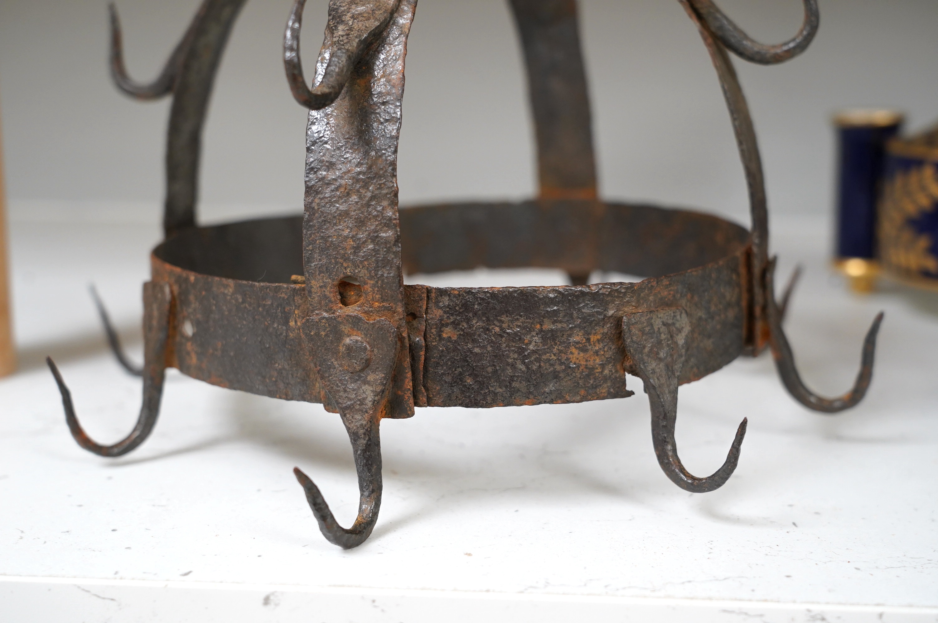 An 18th century Dutch wrought iron game hanger, 26cm high. Condition - fair considering age and use